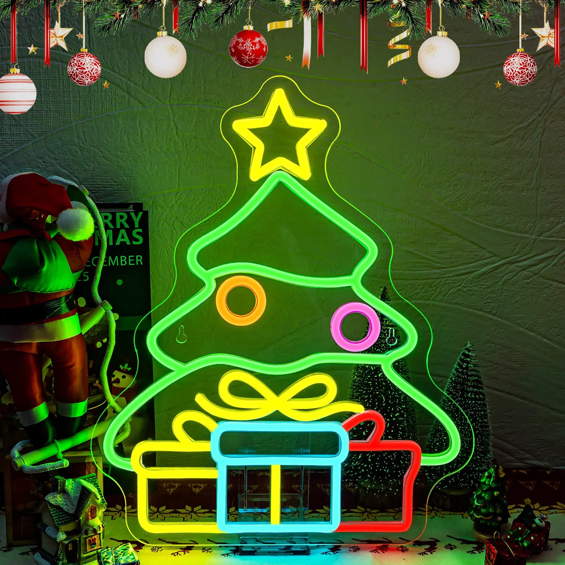 Christmas Tree & Gifts LED Neon Sign (USB-Dimmable 32cm x 38.5cm)